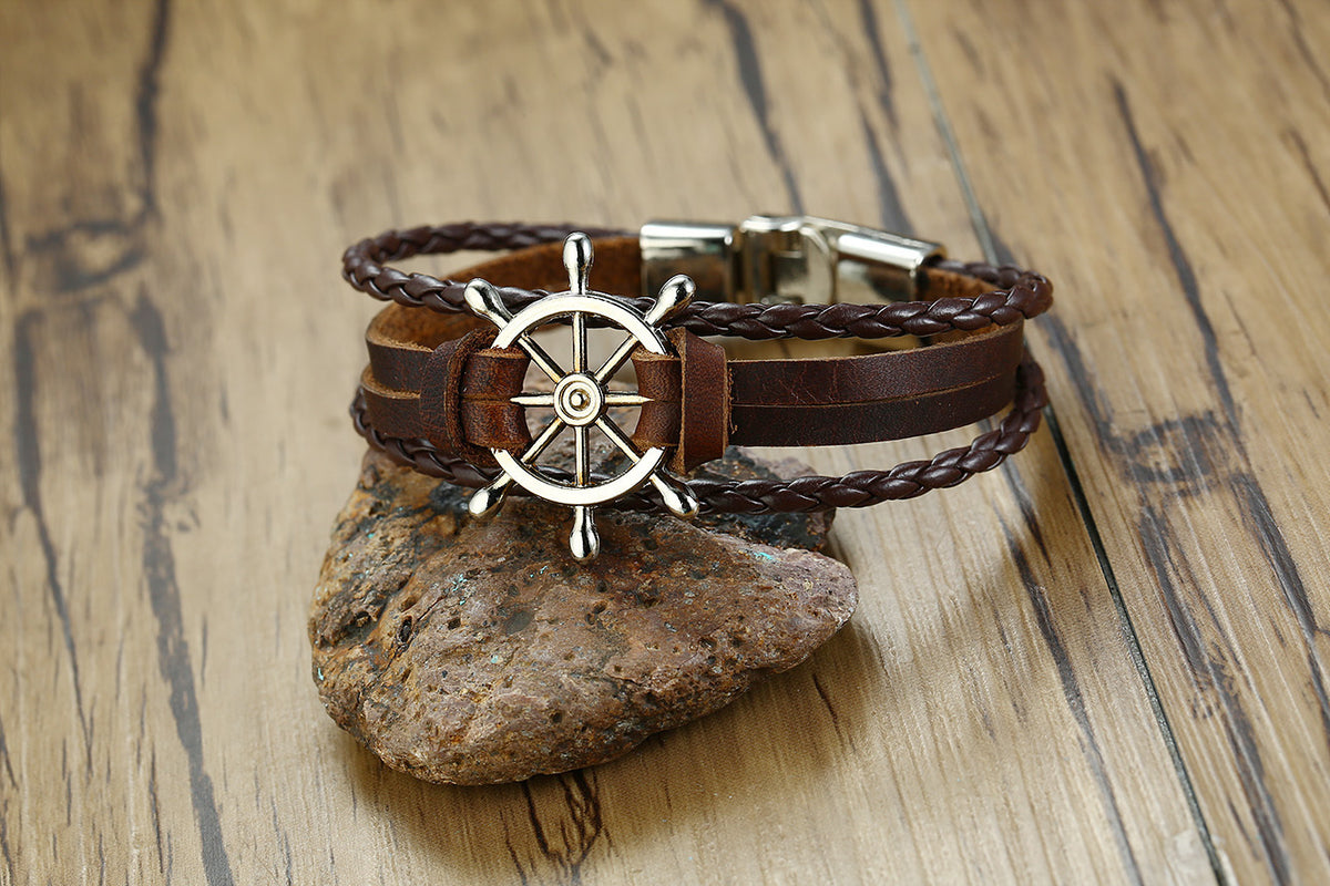 Ship Wheel Vintage Black Stainless Steel Bracelet for Men