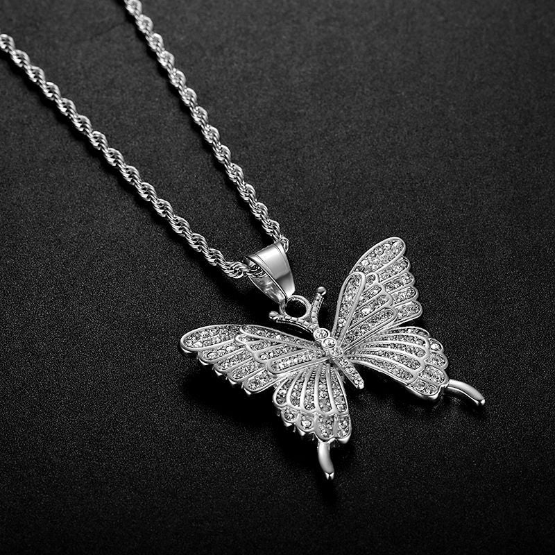 Butterfly Pendant Necklace Stainless Steel Gold Plated with Full Zircon by Planderful Everyday Genie for Hip Hop Fashion