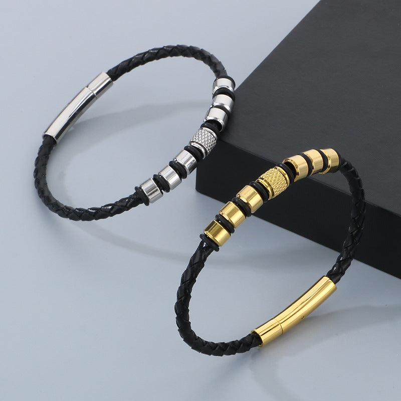 Business Style Men's Leather Rope Bracelet – Stainless Steel Bead Layered Woven Leather