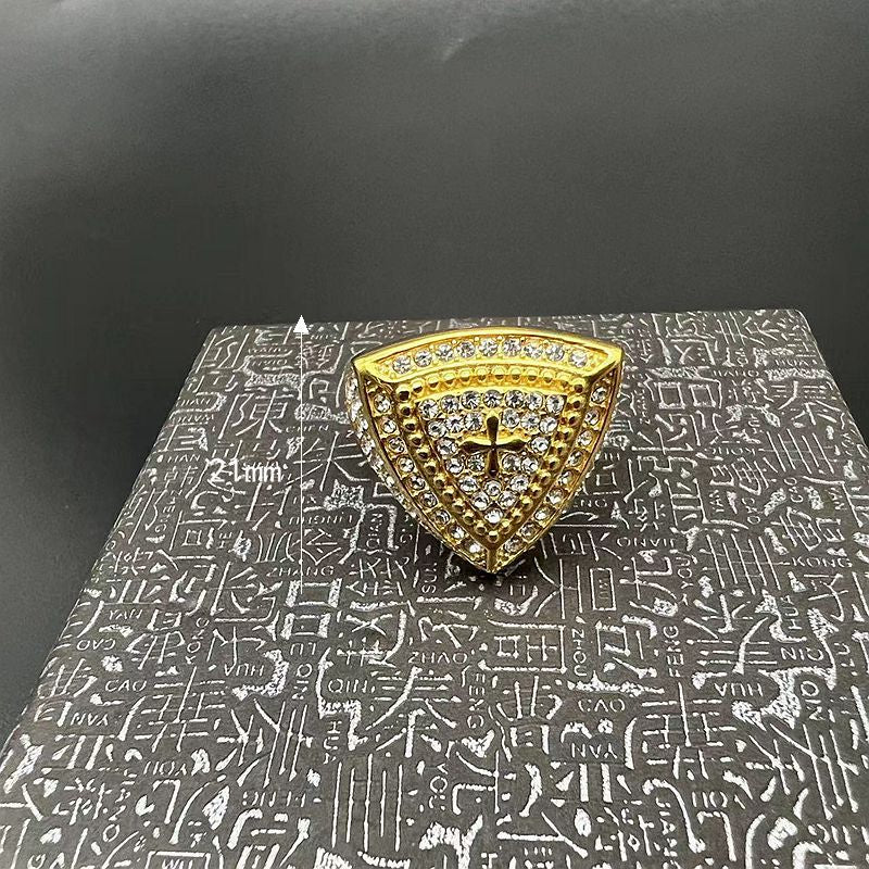Planderful Hip Hop Ring For Men Stainless Steel Gold Plated Rhinestone Triangular Cross