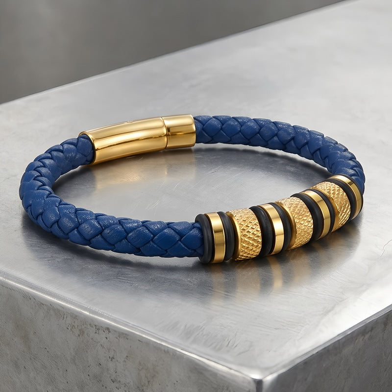 Rhombus Knurled Titanium Steel Ball Woven Microfiber Leather Magnetic Buckle Leather Bracelet