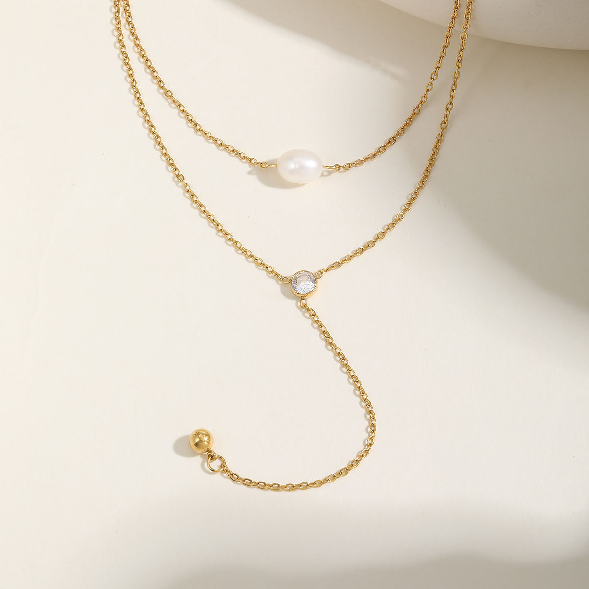 Summer Stainless Steel Double Chain Natural Baroque Zircon Y-Shaped Necklace Gold Ladies