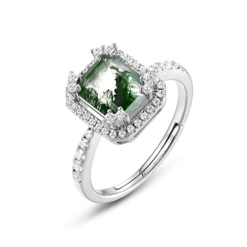 S925 Sterling Silver Gold-Plated Moss Agate Geometric Ring