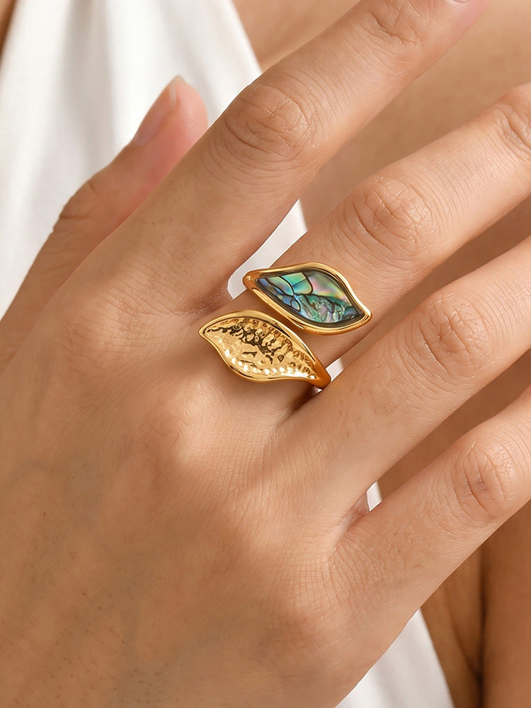 Hot-Selling Special-Shaped White Shell Stainless Steel Ring Design Leaf Opening