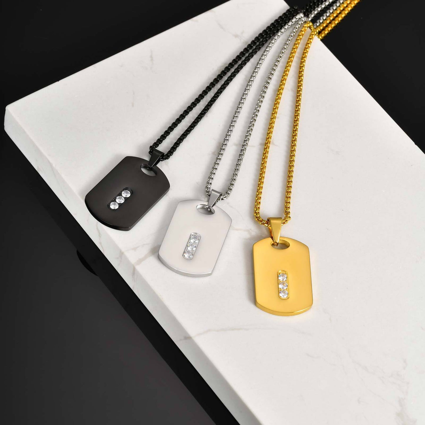 Planderful Mens Stainless Zircon Dog Tag Geometric Necklace