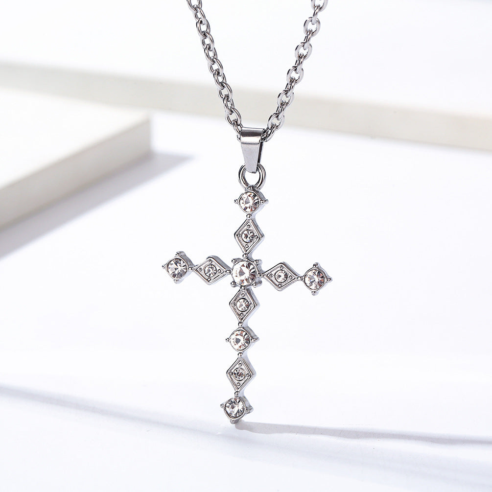 Cross-Border Amazon Light Luxury Zircon Titanium Steel Cross Necklace