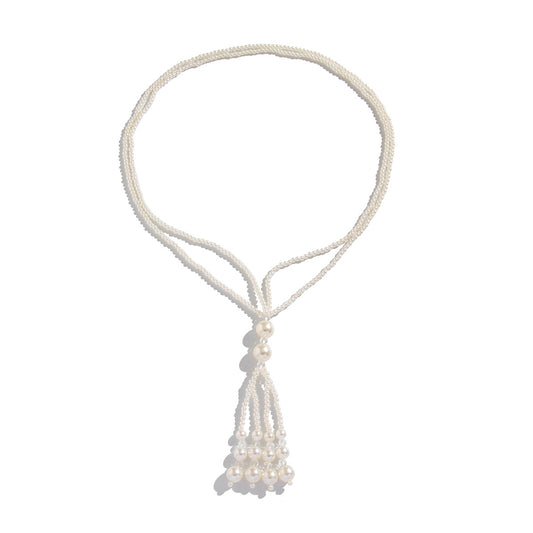 Layered Pearl & Crystal-Style Tassel Long Necklace