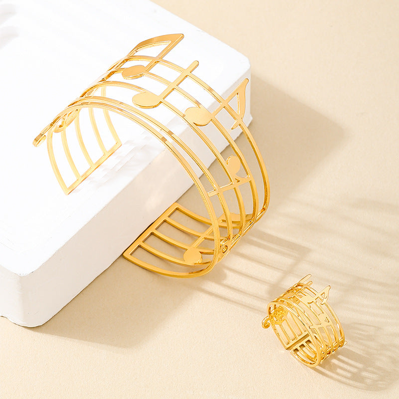 Fashionable Metal Music Note Bracelet Ring Set for Women