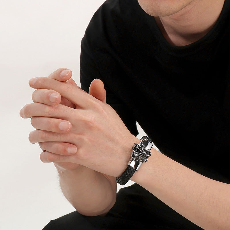 Two-Layer Leather Woven Bracelet – Casting Lion Head Snake Head Ghost Head Titanium