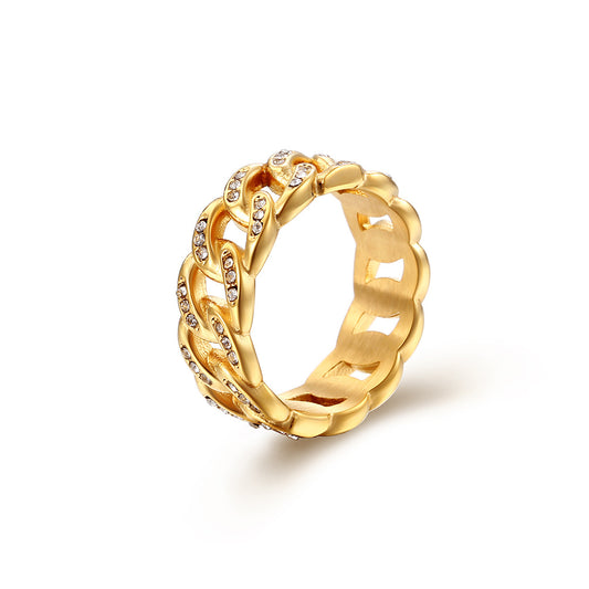 Planderful Titanium Cuban Chain Ring With Zircon Inlay For Hip Hop Style Men Unisex Luxury Jewelry