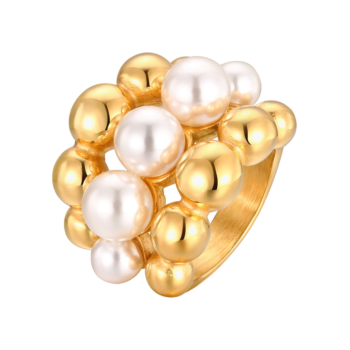 Stainless Steel Imitation Pearl Ball Multi-Layer Casting Ring – Gold