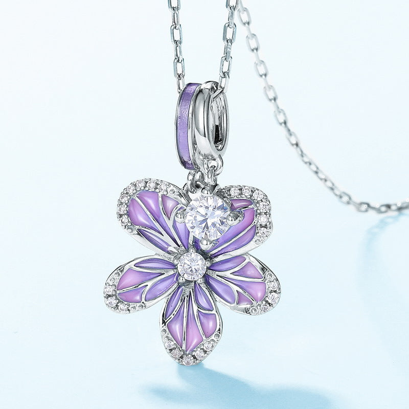 Purple Enamel Orchid Pendant Zircon Sterling Silver Necklace