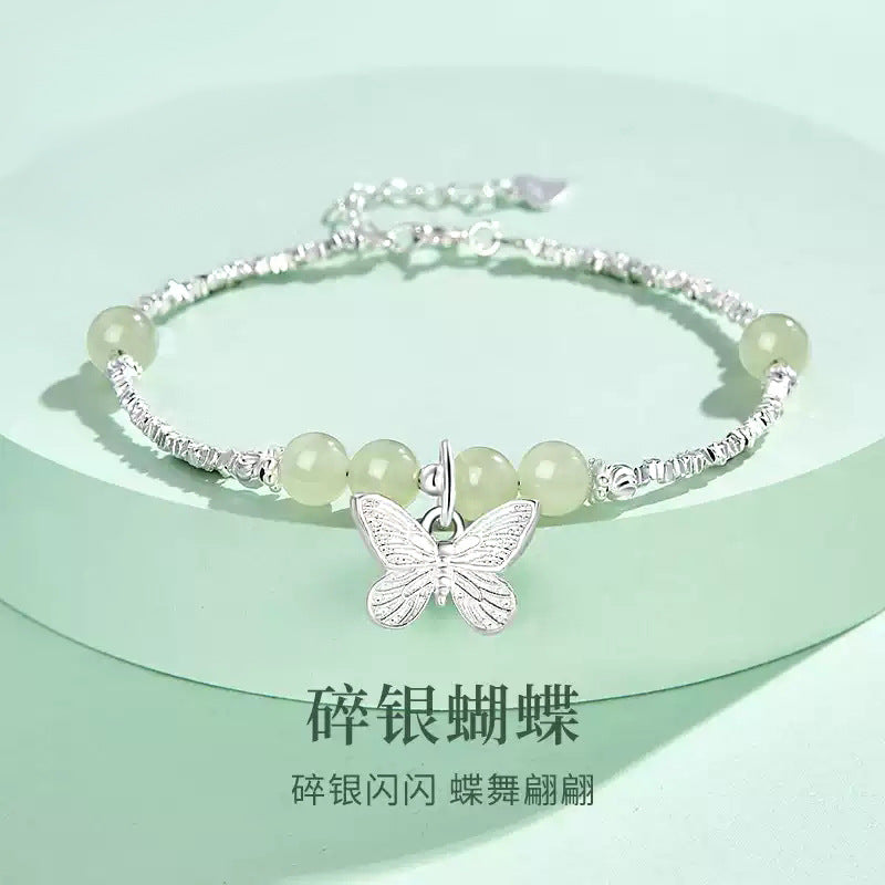 Guofeng S925 Sterling Silver Butterfly Jade Bracelet Luxury Jewelry