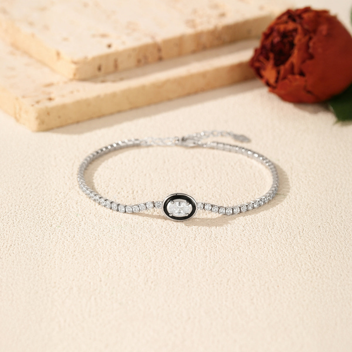 925 Sterling Silver Black Enamel Tennis Oval Bracelet