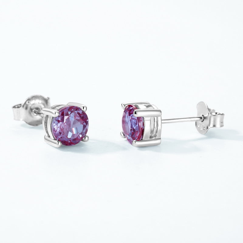 S925 Sterling Silver Moss Agate & Lab-Grown Alexandrite Minimalist Stud Earrings