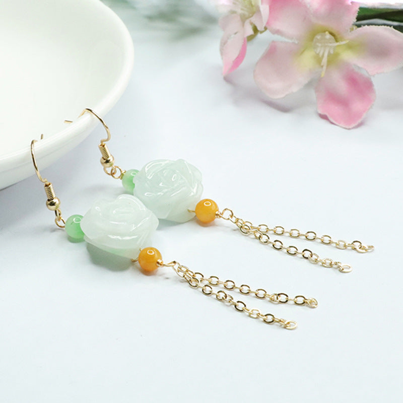 Jade Flower Tassel Earrings with Sterling Silver Ear Hooks