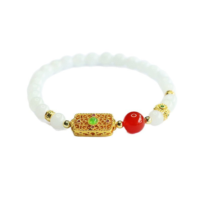 White Hetian Jade & Red Agate Beaded Bracelet