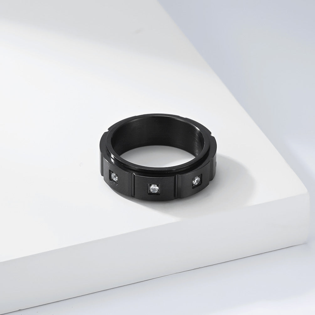 Stainless Steel Zircon Geometric Design Rotating Ring Black Matte