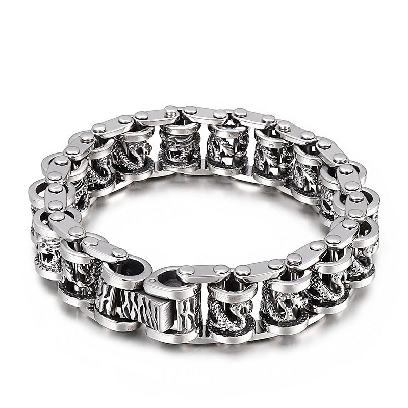 Vintage Dragon Bicycle Chain Men's Stainless Steel Bracelet - Bold Retro Hand Jewelry for a Dominant Look