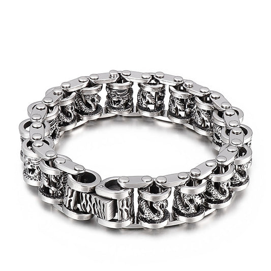Vintage Dragon Bicycle Chain Men's Stainless Steel Bracelet - Bold Retro Hand Jewelry for a Dominant Look