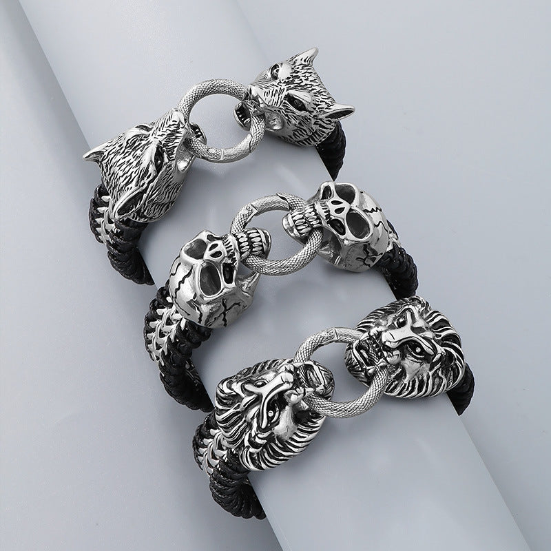 Planderful Double Wolf Head Lion Head Bracelet Men Titanium