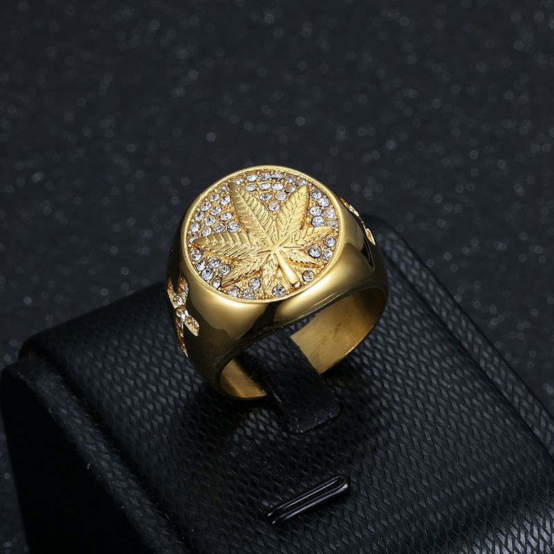 Planderful Collection Hip Hop Titanium Steel Ring For Men Gold Maple Leaf Rhinestone Cross
