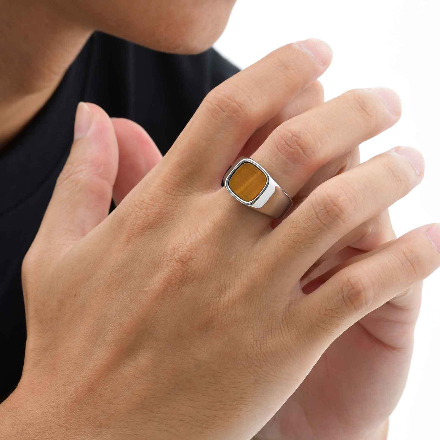 Stainless Steel Tiger Eye Men Ring Square Index Finger