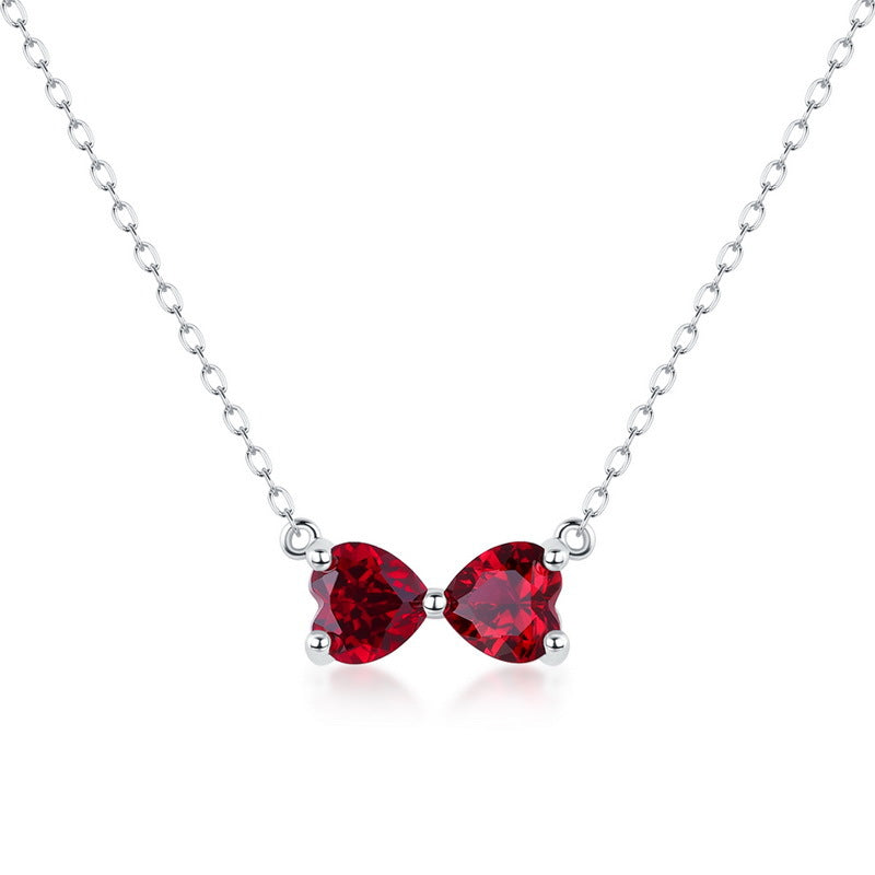 S925 Sterling Silver Lab-Grown Ruby Bow Pendant Necklace