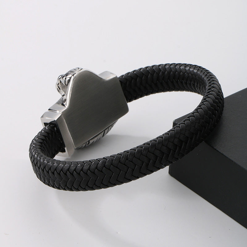 Planderful Mens Leather Bracelet Lion Head Titanium