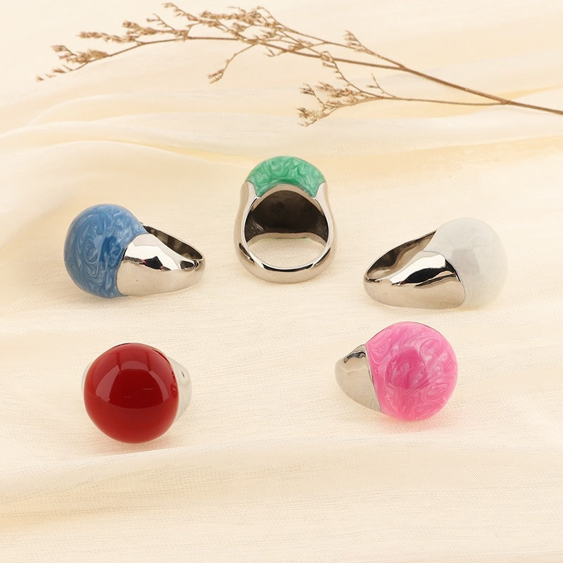 Color Enamel Drip Glaze Titanium Steel Ring, French Fashionable