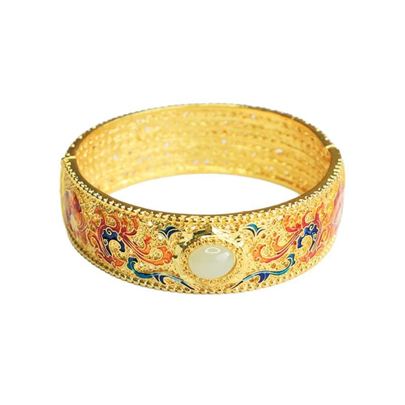 Qingshui Hetian Jade Enamel Dragon & Phoenix Bangle