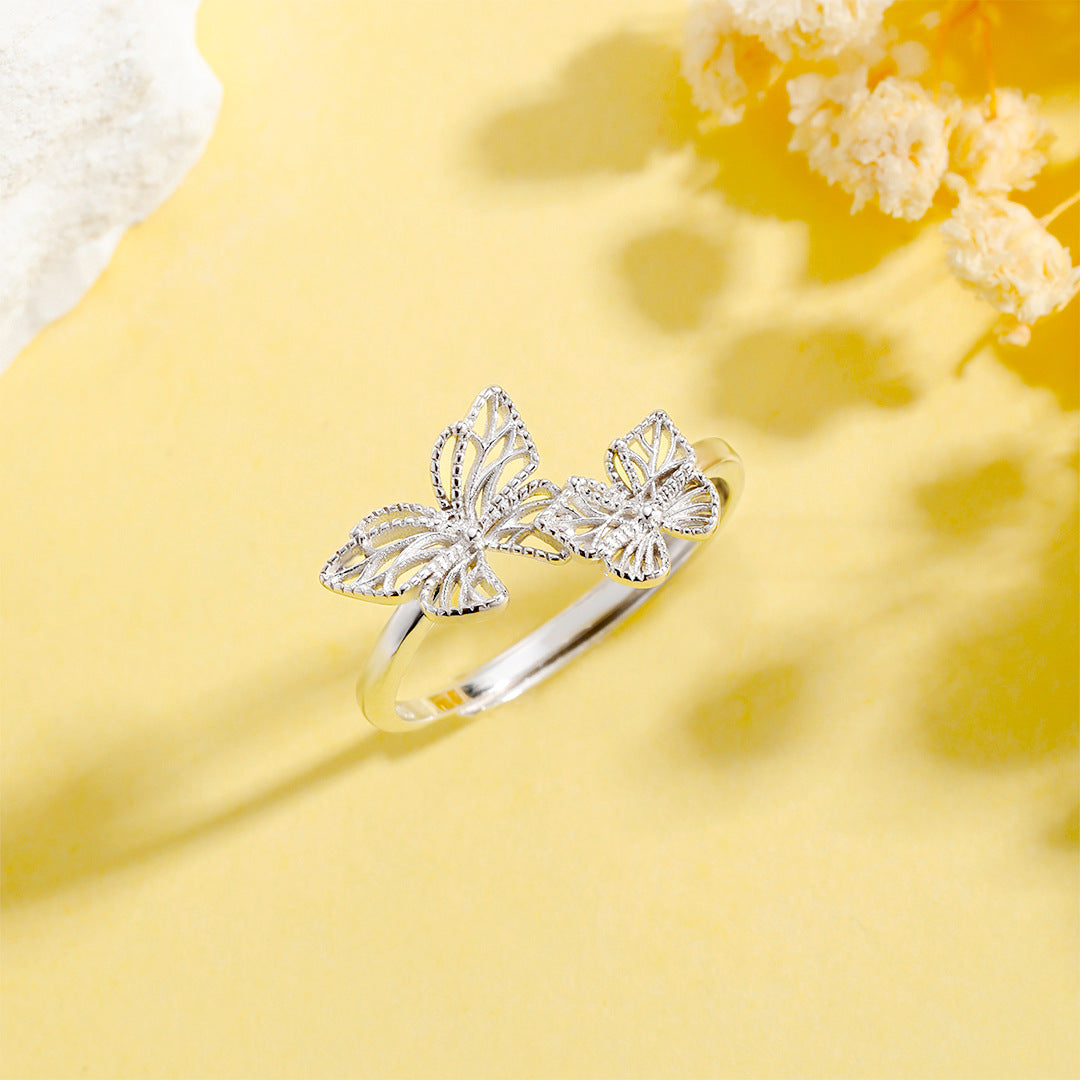 Fengsen Everyday Genie – S925 Sterling Silver Two Butterfly Filigree Ring Versatile High-End Design