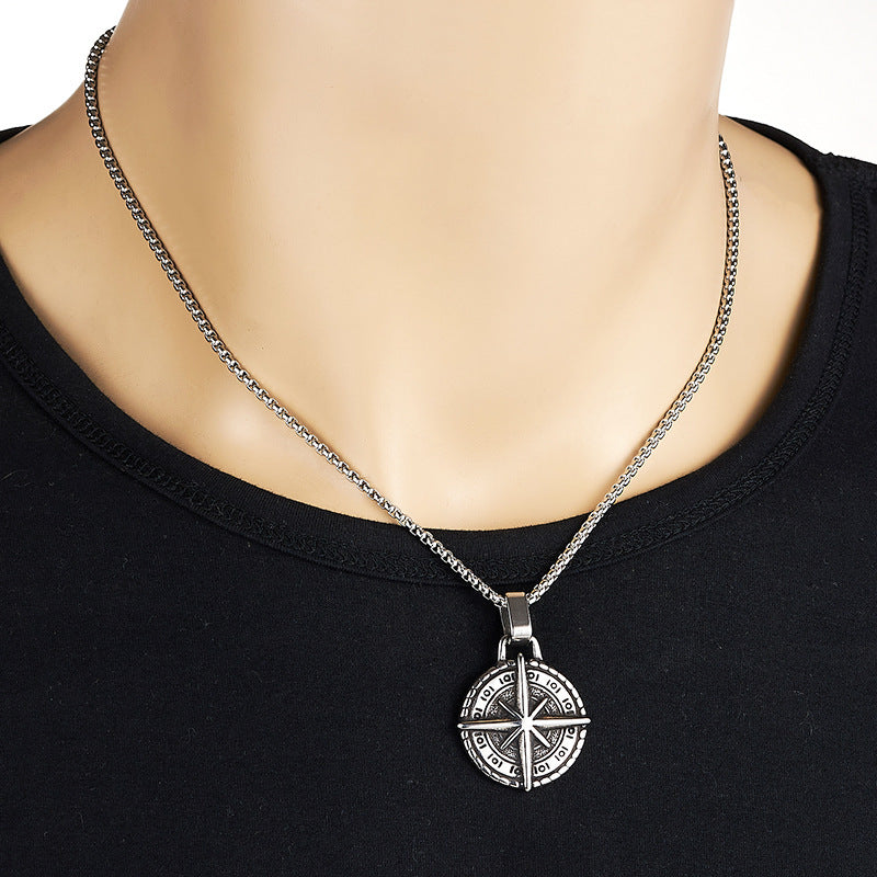 Retro Punk Men's Titanium Steel Compass Pendant Necklace - European and American Design