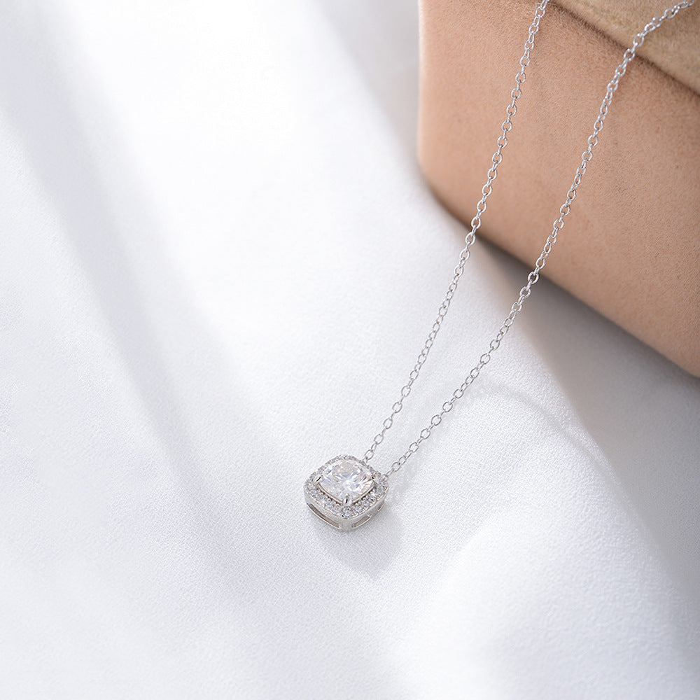 Korean Version S925 Sterling Silver Geometric Square Zircon Necklace Small