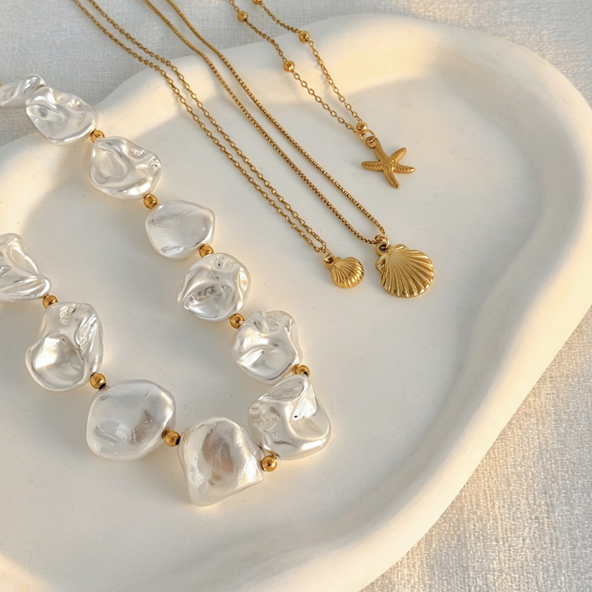 Ocean Special-Shaped Pearl Shell Beaded Necklace Starfish Stacked With Stainless Steel Thin