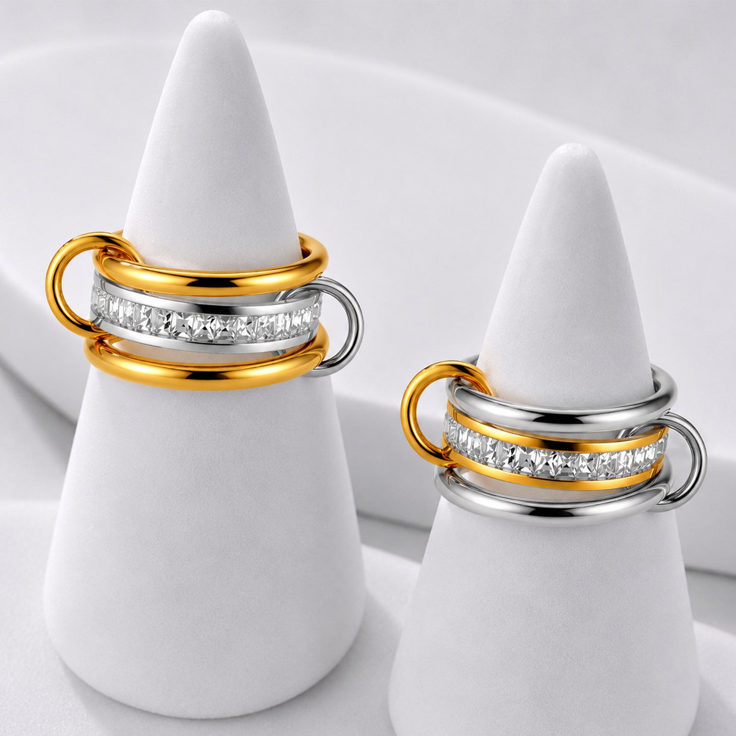 Interlocking Chain Ring Planderful Light Luxury Zircon Inlaid Stainless Steel Unisex Gold Silver