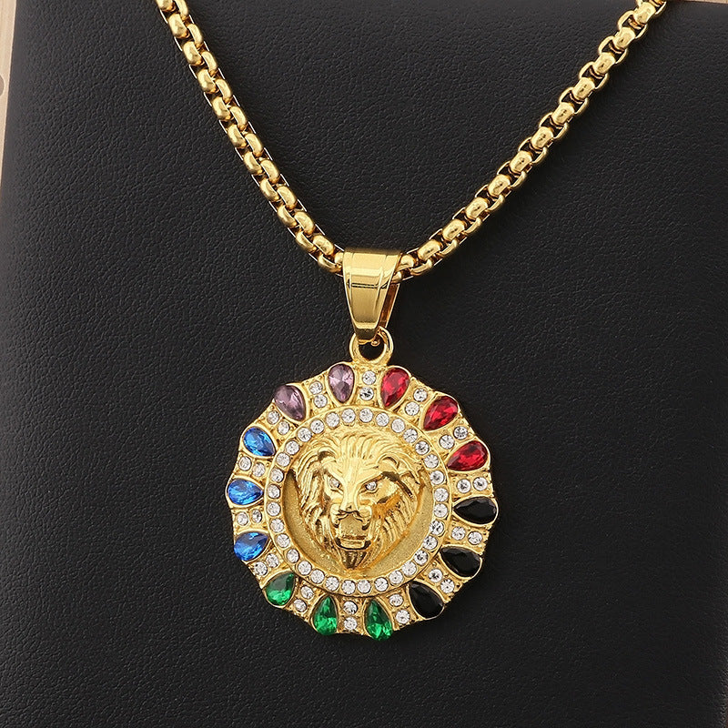 Hip Hop Zircon Lion Head Stainless Steel Pendant for Men - European & American Electroplated Jewelry