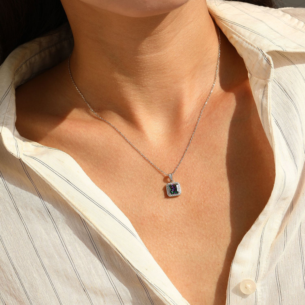925 Sterling Silver Multicolor Square Zircon Necklace