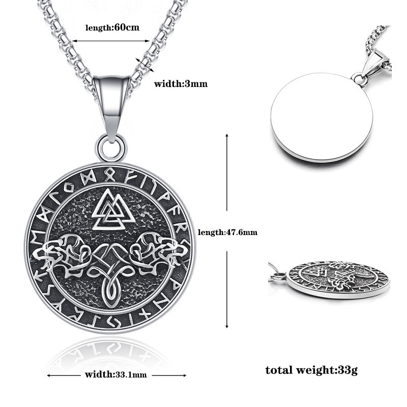 Steel Necklace – Statement Viking Rune Double Wolf Head