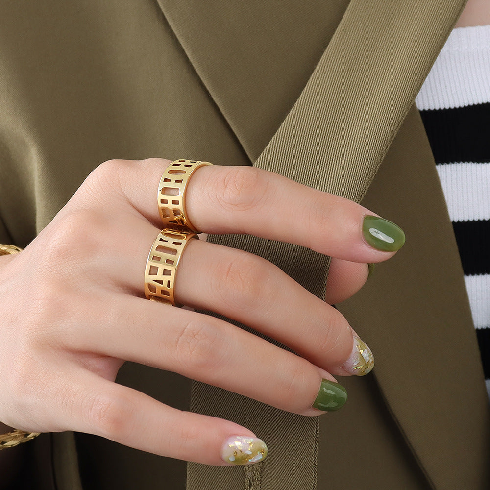 Letter Hollow Titanium Steel Gold Plated Ring - Unisex Tail Ring Hand Jewelry