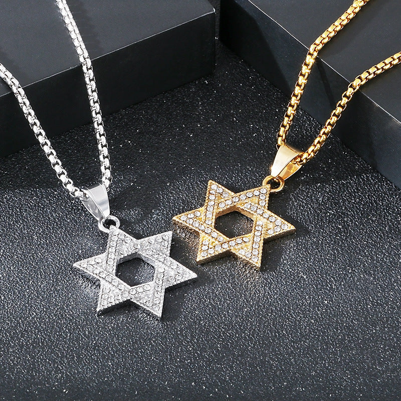 Dance Sweater Chain Pendant, Street Studded With Diamond Hexagram Stainless Steel Men's Pendant Necklace