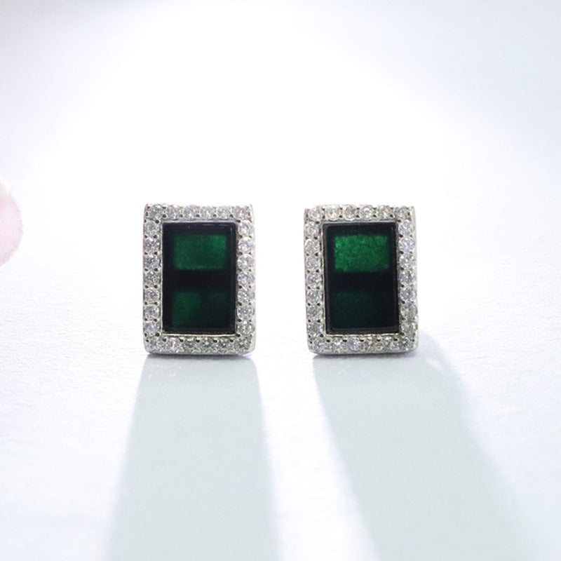 Dark Jadeite Square 925 Silver Stud Earrings