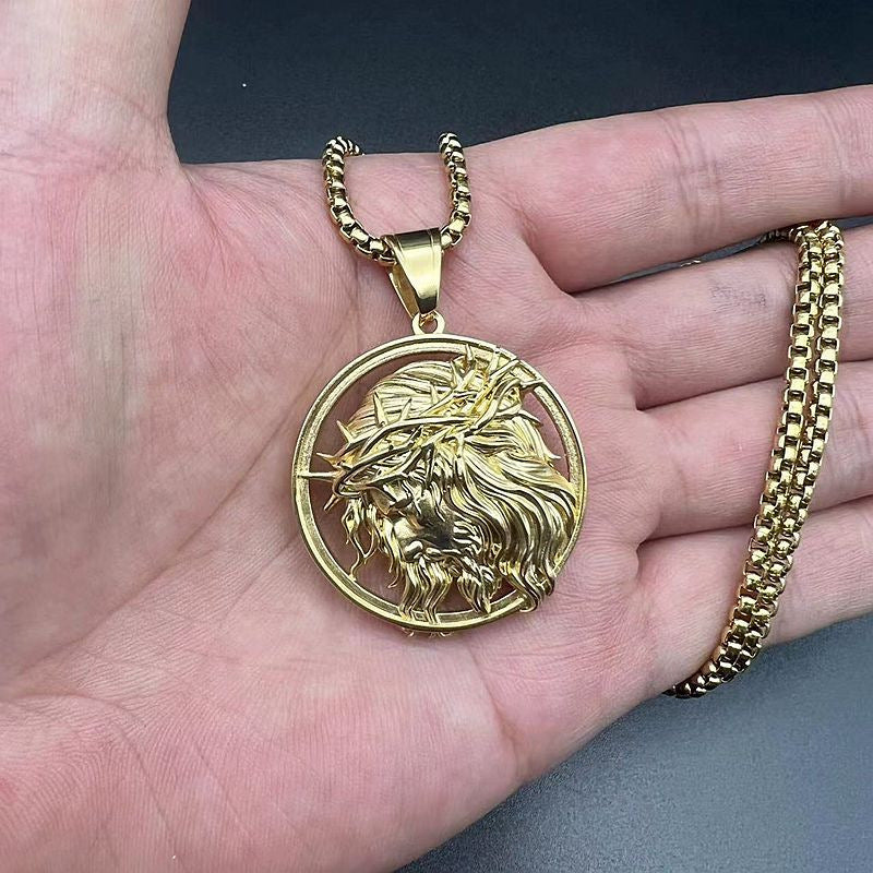 Planderful Unisex Stainless Steel Necklace 3D Relief Western Mythology Pendant Gold Plated Retro Hip Hop Jewelry