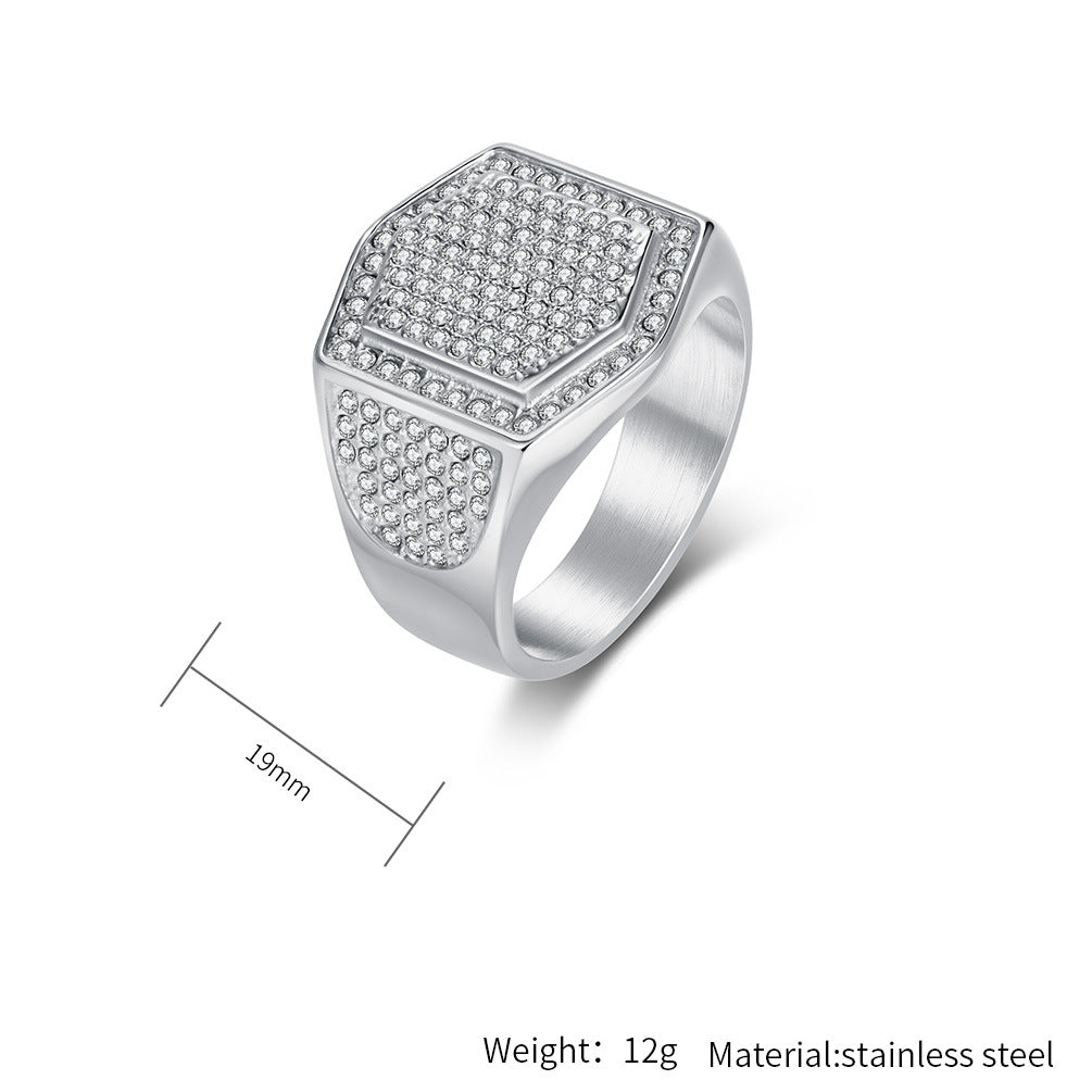 Planderful Gold Plated Full Zircon Hexagonal Ring For Men High End Light Luxury Titanium Steel
