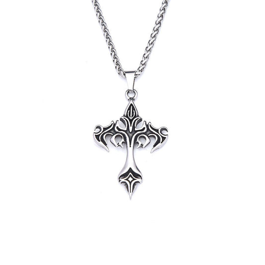 Gothic Style Bat Flame Cross Titanium Steel Pendant Necklace
