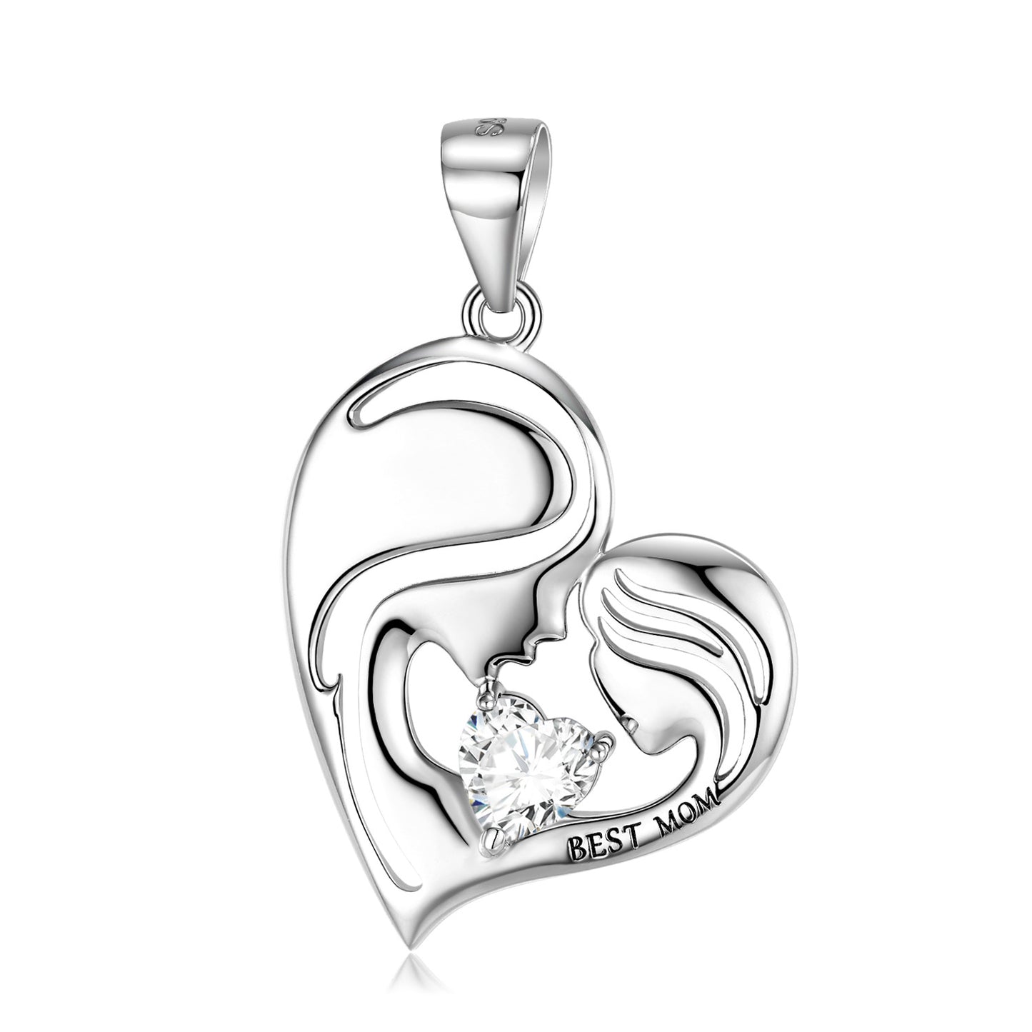 Best Mom Zircon Heart Shape Pendant Silver Necklace