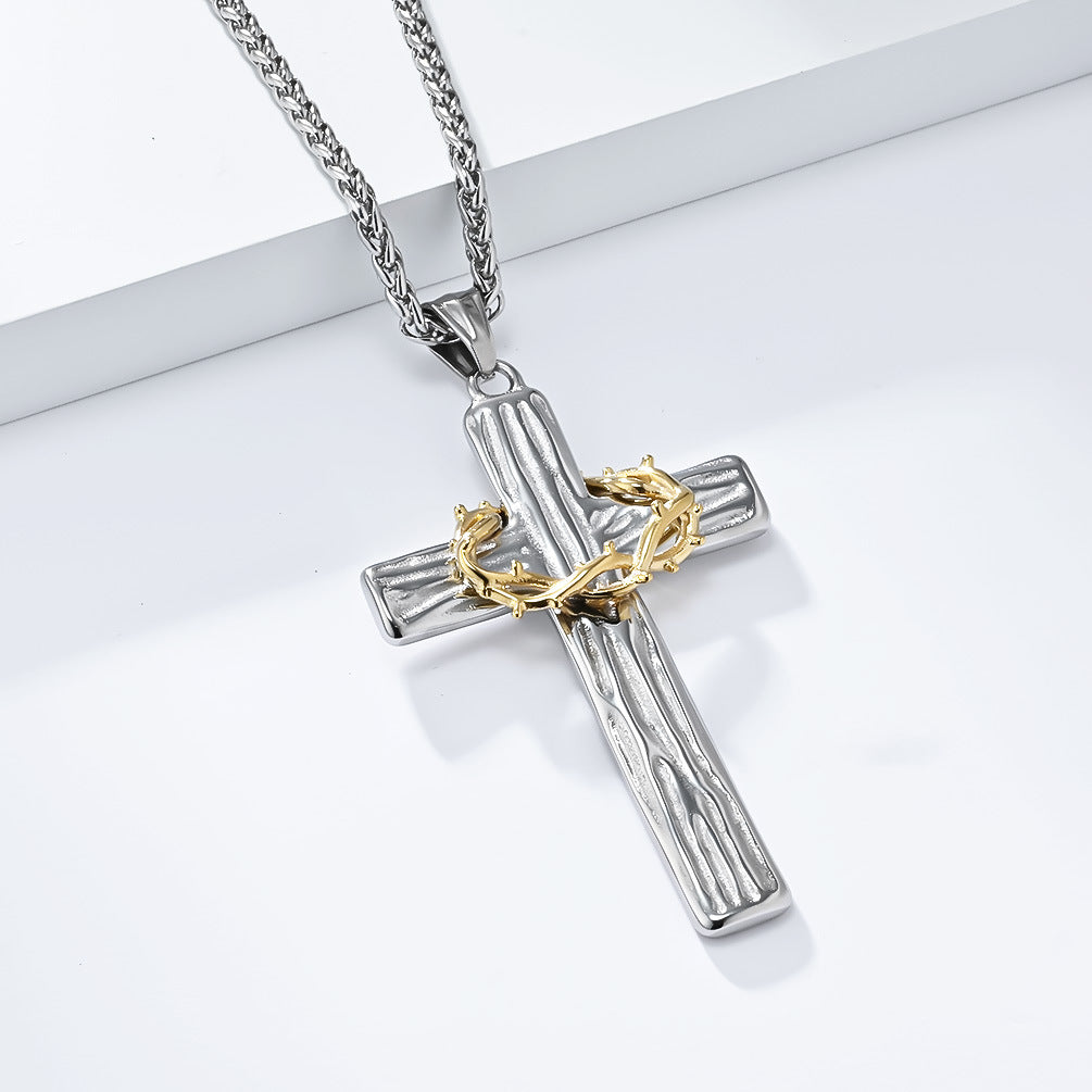 Planderful Cross Necklace For Men Titanium Steel Durable Thorn Wreath Pendant American Retro Style High End Gift