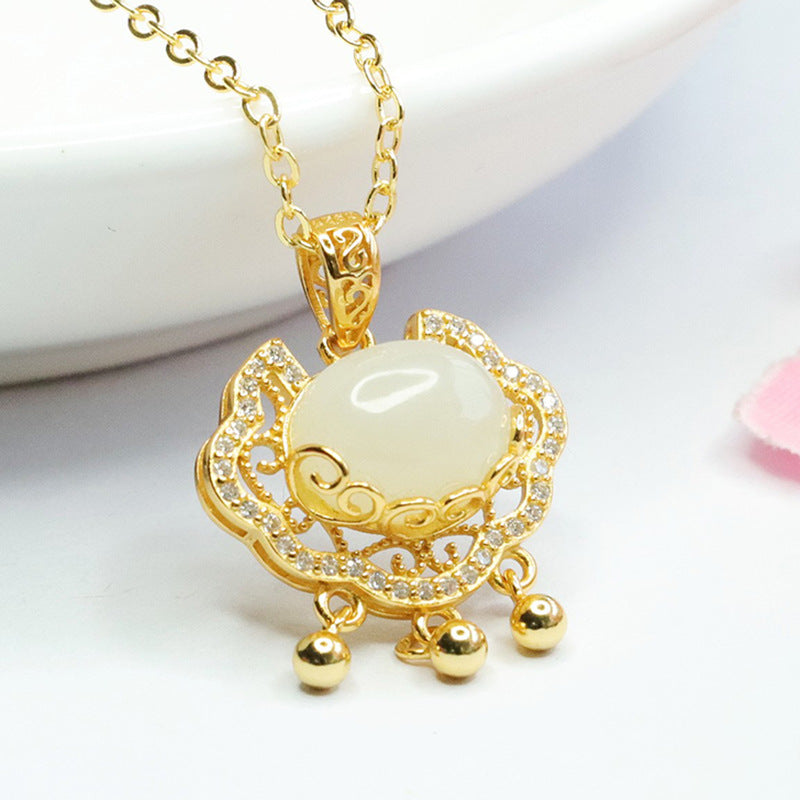 Sterling Silver Hetian Jade Pendant with Zircon Ruyi Lock Necklace