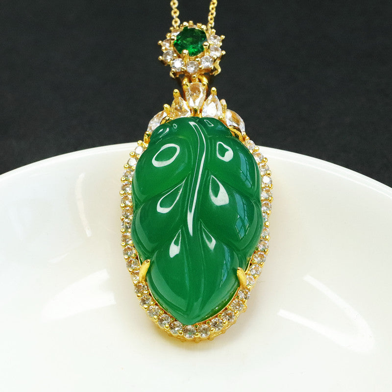 Chalcedony Branch Leaf Pendant Necklace with Zircon Detail