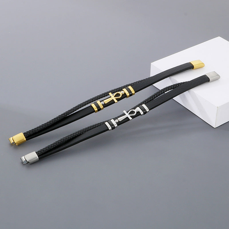 Planderful Leather Magnetic Buckle Handwoven Mens Bracelet